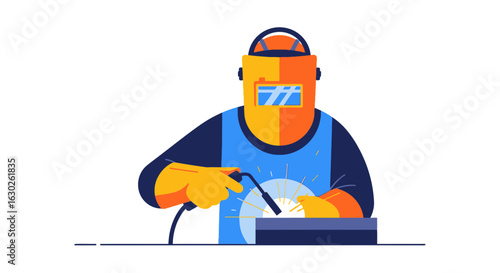 Industrial Vector Illustration of a Welder in Protective Gear Using Welding Torch

