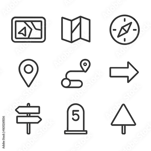 Navigation Tool Icons. Outline icon set of road navigation tools: GPS device, map, compass, location pin, route, directional arrow