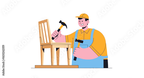 Carpenter Repairing a Wooden Chair | Furniture Workshop Vector Illustration
