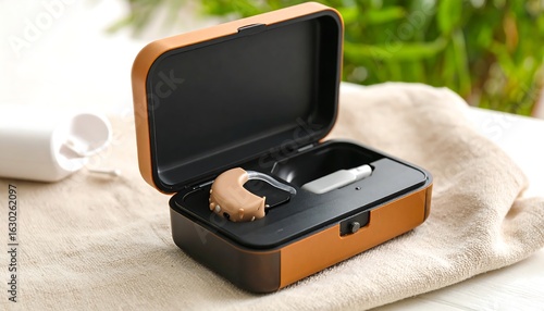 Hearing aid case with device inside