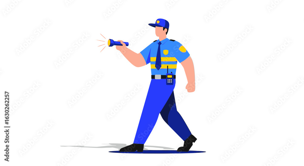 Obraz premium Vector Illustration of a Police Officer on Patrol with Flashlight 