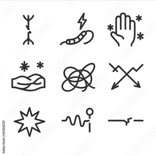 Nerve Damage Icon Set. Outline icon set of nerve damage: broken nerve fiber, electric shock, numb hand, frozen muscle, tangled