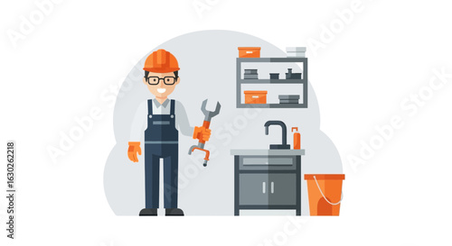 Professional Handyman with Tools in Workshop Illustration
