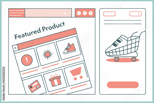 Flat vector e-commerce homepage and app interface for online shopping and product promotion