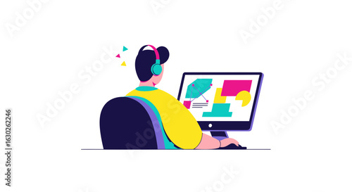 Modern Flat Vector of Graphic Designer Working at Desktop
