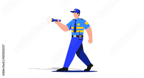 Vector Illustration of a Police Officer on Patrol with Flashlight
