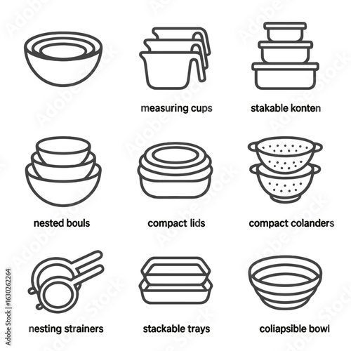 Nesting Kitchenware Icons. Outline icon set of nested kitchenware: nested mixing bowls, nested measuring cups, stackable