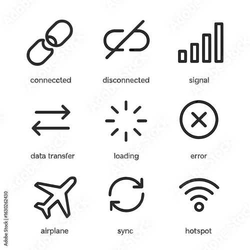 Network Icon Set. Outline icon set of network connectivity states: connected, disconnected, signal strength, data transfer,