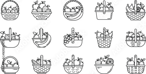 Collection of fruit basket line art set of apple, banana, pear, and grape for healthy food, picnic, harvest, market, and gift