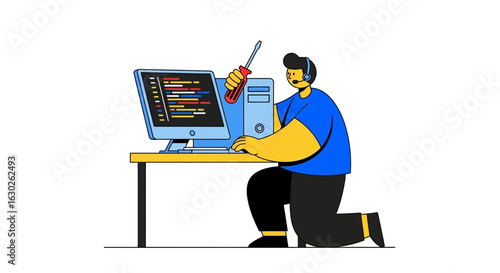 IT Technician Fixing Computer Vector Illustration
