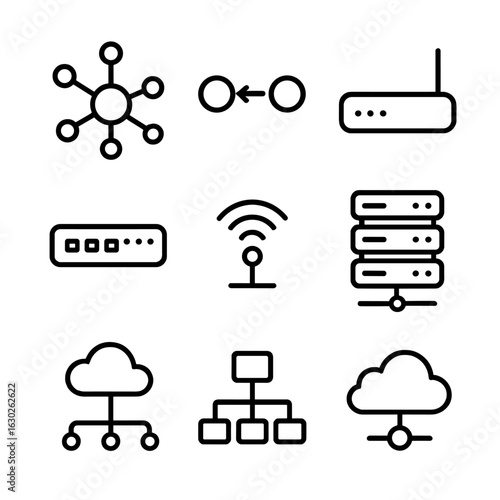 Network Hub Icons. Outline icon set of hub networks: central node, connection lines, data exchange, router, switch, wireless hub,