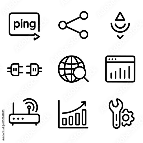 Network Troubleshooting Icons. Outline icon set of network troubleshooting: ping icon, traceroute path, packet loss symbol, cable