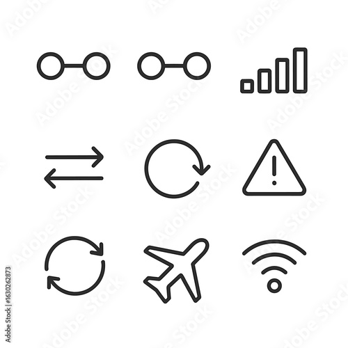Network Icon Set. Outline icon set of network connectivity states: connected, disconnected, signal strength, data transfer,