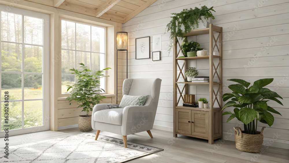 Fototapeta premium Cozy sunroom with armchair and tall bookshelf filled with plants
