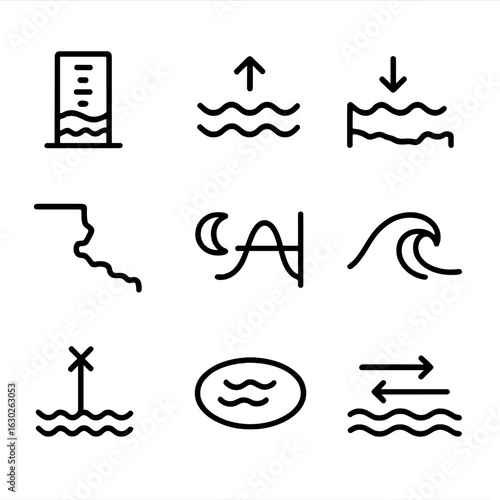 New Moon Tide Icons. Outline icon set of new moon tidal effects: tide gauge outline, rising water line, falling water line,