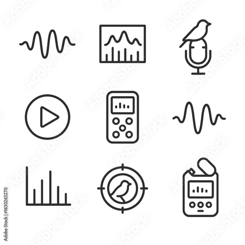 Night Bird Call Icons. Outline icon set of night bird calls: sound wave icon, call spectrogram graph, microphone with bird