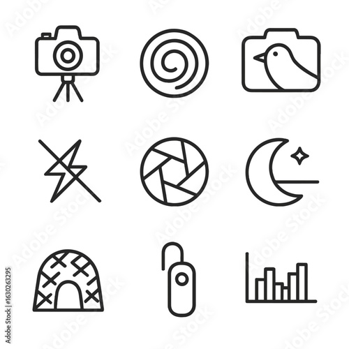 Night Bird Photography Icons. Outline icon set of night bird photography: camera with tripod, long exposure shutter icon, infrared