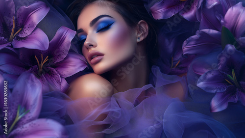 Beautiful and sensual young woman with editorial style and dark floral background.