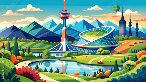 Munich Olympiapark in summer, Germany. It is Olympic Park, landmark of Munich. Scenic view of former sport district. Scenery of Munich with tower and lake. Beautiful landscape of Munich ...