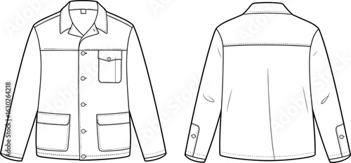 Jacket Technical Drawing Front and Back View, Button-Down Front Design, Flap Chest Pocket, Shoulder Yoke Detail, Fashion Sketch, Apparel Blueprint, Garment Construction Template