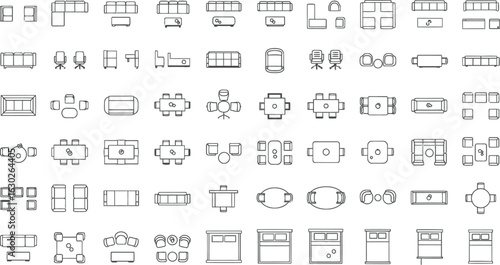 Chair Outline Top View Icon Set - Furniture Thin Line for Interior Design