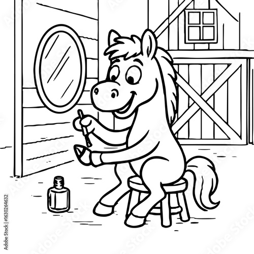 cartoon horse sitting on a stool and painting one of its hooves with a small brush