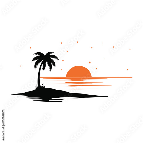 Tropical island sunset silhouette with palm tree