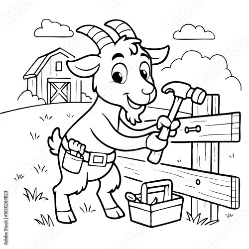 Coloring page of a Goat fixing a fence holding nails and hammer in a toolbelt