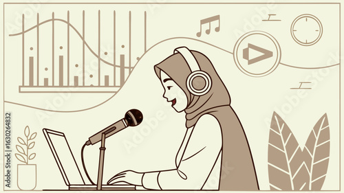 Veiled woman podcasting with headphones and microphone in a modern home studio with laptop
