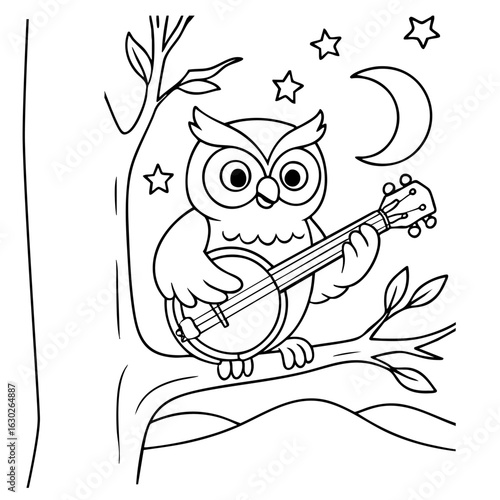 coloring page owl playing a banjo on a tree branch at dusk simple outline