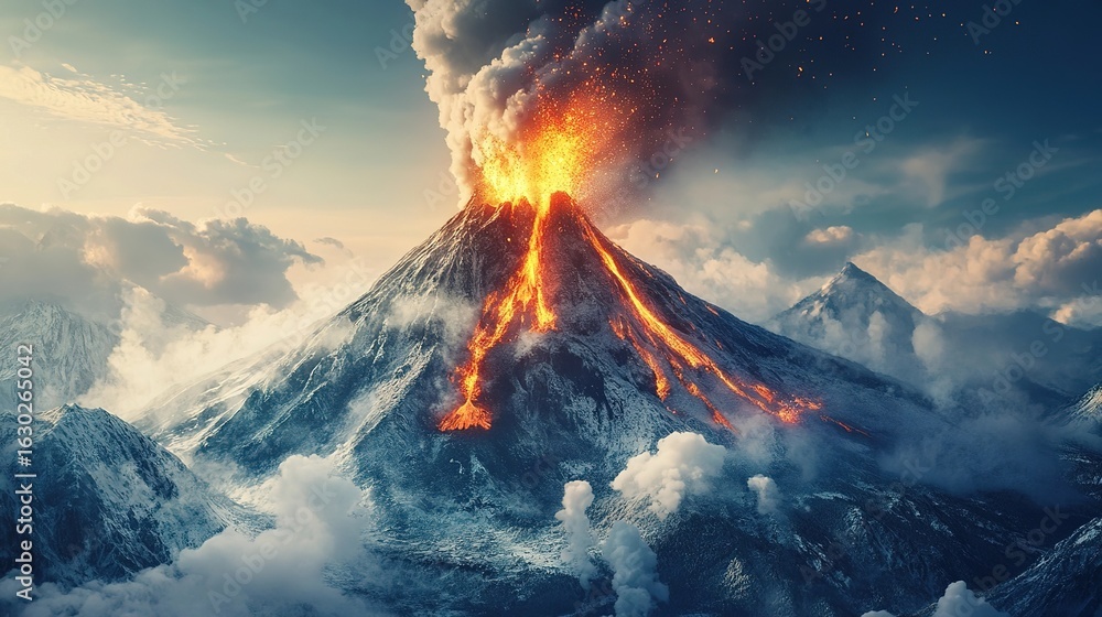 Fototapeta premium A dramatic eruption of a volcano at dawn