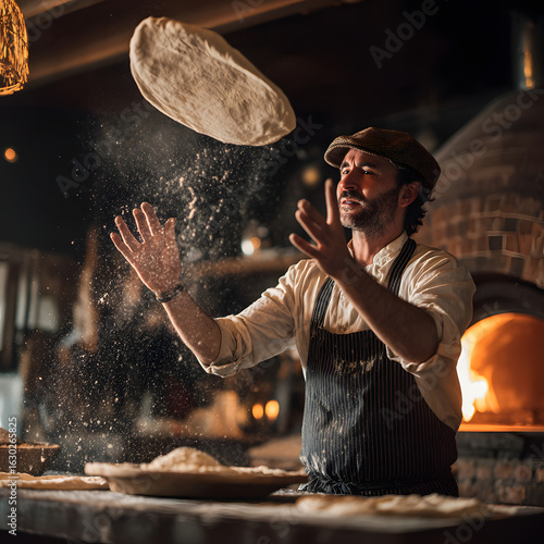 Chef Tossing Pizza Dough in Rustic Kitchen Setting with Flour Dust