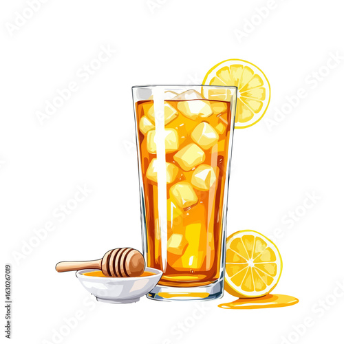Refreshing glass of iced tea served with lemon and ice cubes, perfect for summer vibes, healthy beverage concepts, outdoor refreshment scenes, cafe menus, cooling drinks, and lifestyle imagery represe