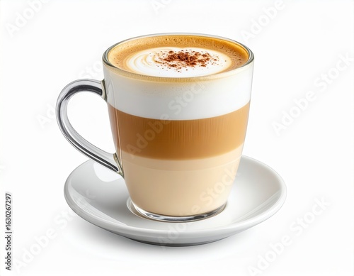 Close-up of a layered coffee beverage in a transparent glass cup on a saucer with frothy milk foam and sprinkled cocoa powder on top isolated on white background