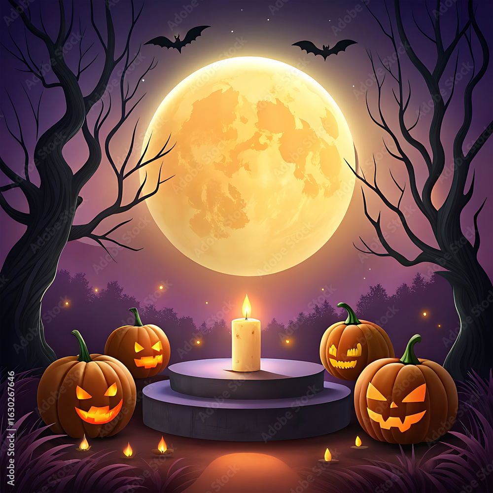 Fototapeta premium Spooky halloween scene with glowing jack o lanterns under a full moon