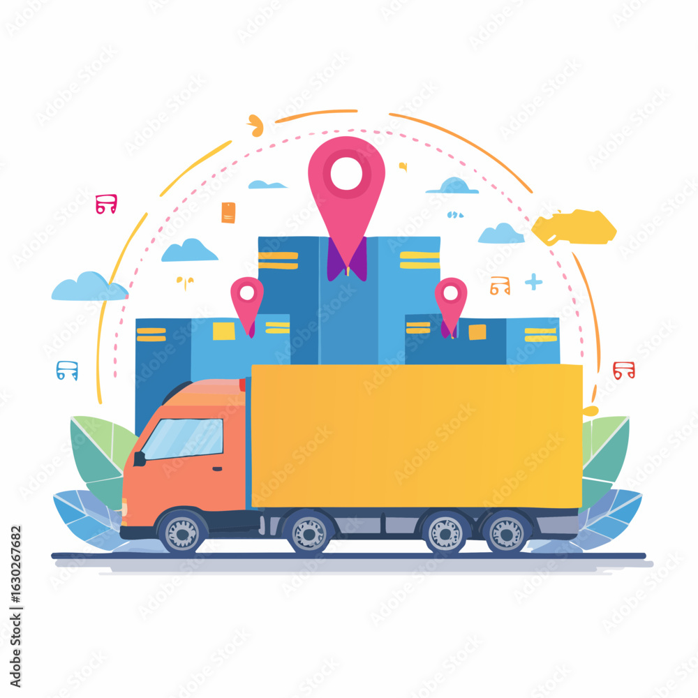 Fototapeta premium Logistics and transportation concept with a delivery truck, cargo boxes, and location pins for tracking shipments