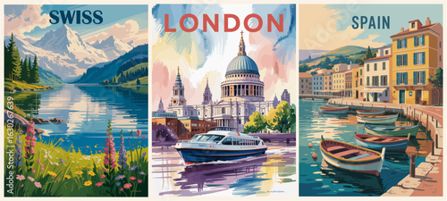 Set of retro travel posters featuring Switzerland, London, and Spain in mid-century modern style. Vintage colors, iconic landmarks, and nostalgic charm perfect for wall art or print.