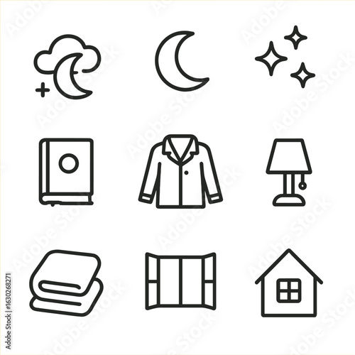 Nighttime Icon Set. Outline icon set of nighttime yawn triggers: dark sky, moon, stars, bedtime book, pajamas, night lamp, blanket
