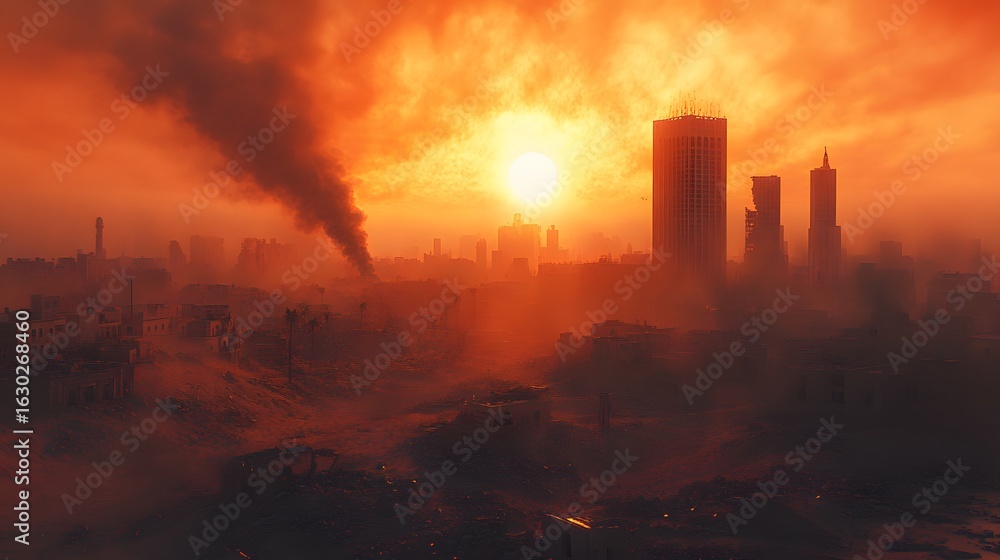 Obraz premium Apocalyptic cityscape featuring a disaster background. Ruins, smoke, and dust paint a scene of destruction under an orange sky. A powerful image conveying aftermath and resilience.