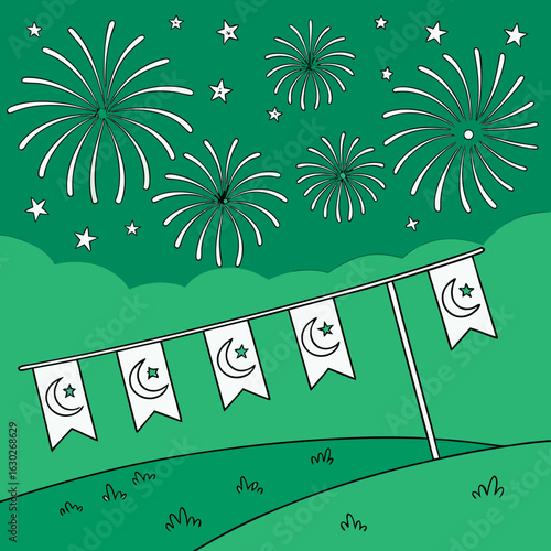 Green illustration with fireworks and stars, showing a string of flags with crescent moon and star designs. The image is likely related to a celebration or holiday.