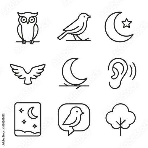 Nocturnal Bird Icons. Outline icon set of nocturnal birds: owl perched, nightingale outline, moon and star silhouette, silent