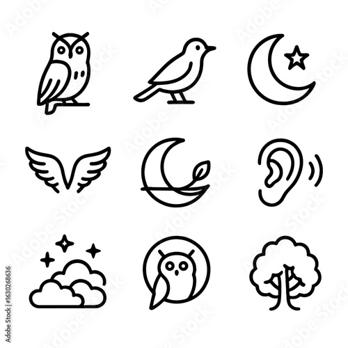 Nocturnal Bird Icons. Outline icon set of nocturnal birds: owl perched, nightingale outline, moon and star silhouette, silent