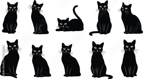 Black cat silhouette vector set, sitting and lying feline poses with whiskers and eyes, pet animal icons isolated on white background