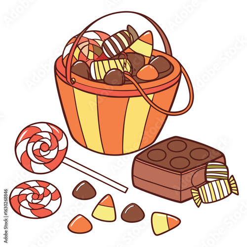 Illustration of a halloween bucket filled with candy corn chocolate and lollipops on a white background