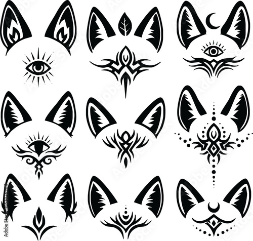 Twelve stylized fox head designs featuring mystical elements, tribal patterns, and all-seeing eyes.