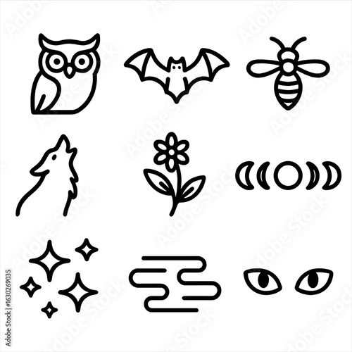 Nocturnal Icons Set. Outline icon set of wild nocturnal life: owl, bat, firefly, wolf howl, night flower, moon phases, star