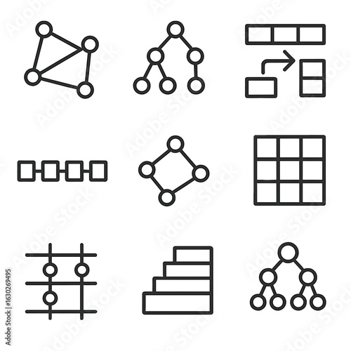 Nonlinear Data Structures Icons. Outline icon set of nonlinear data structures: graph, tree, hash map, linked list, network nodes,