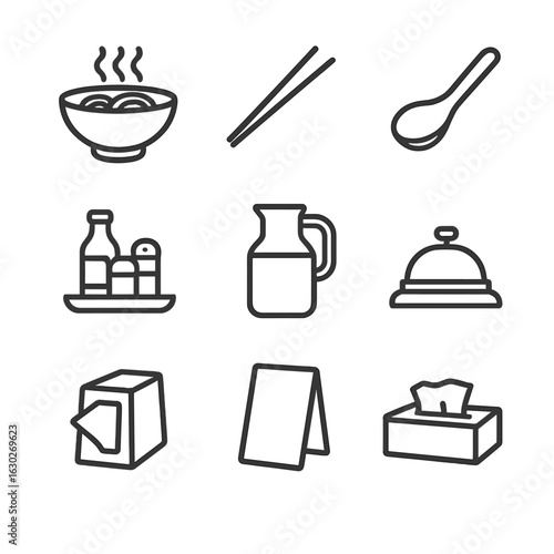 Noodle House Icons. Outline icon set of noodle house items: ramen bowl, chopsticks, soup spoon, condiment tray, water jug,
