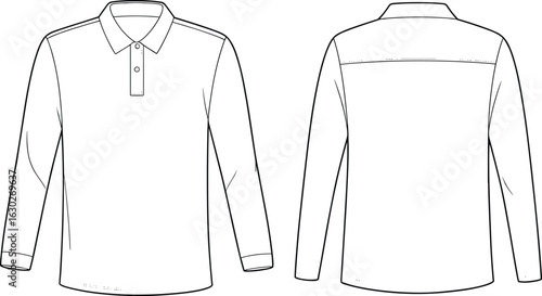 Long Sleeve Polo Shirt Technical Drawing Front and Back View, Collar and Placket Detail, Shoulder Yoke, Fashion Sketch, Clothing Design Blueprint, Garment Construction Template.