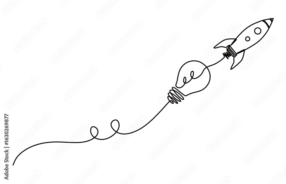 Obraz premium continuous line art of a lamp and a rocket on top of it. concept of getting good and brilliant ideas to increase income